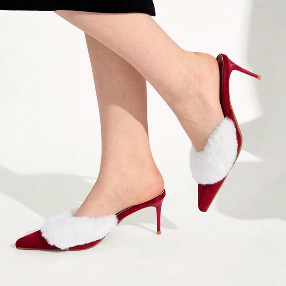 Burgundy Fuzzy Women's Christmas  Heeled Mules - Picture 4 of 7